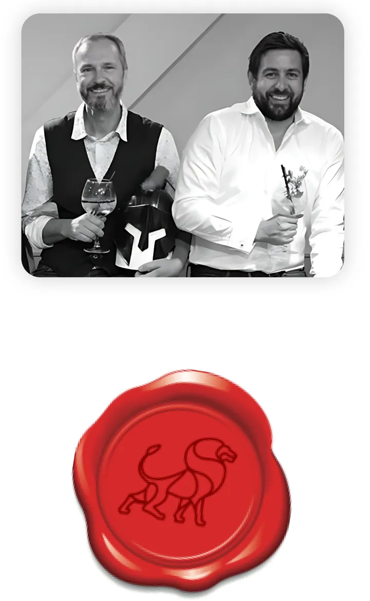 Smidgin's two founders photographed in black and white, above the brand's red wax lion seal